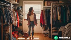 A young woman standing in her walk in closet, looking at the massive surplus of clothing she owns.