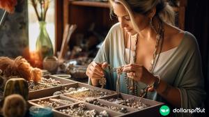 A woman looking at her collection of handmade jewelry that she is going to sell online.