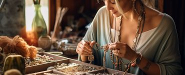 A woman looking at her collection of handmade jewelry that she is going to sell online.