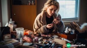 A blonde woman sitting at a table with extra makeup supplies everywhere.