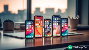 A row of old iPhones sitting on a desk.