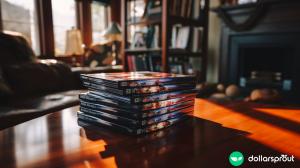 A stack of old DVDs sitting on a coffee table.