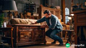 A man moving a dresser in his living room.