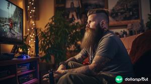 A bearded man in his 30s that is sitting on his couch playing video games.