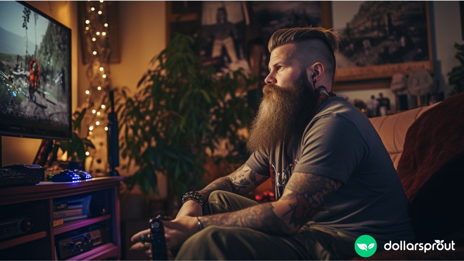 Bearded man playing online video games on his pc and talking with