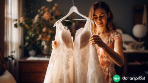 A woman looking at her wedding dress on a hanger.