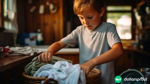 A 6 year old boy folding laundry