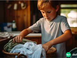 A 6 year old boy folding laundry