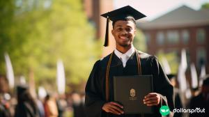 A young African American man holding his masters degree at an outdoor graduation ceremony.