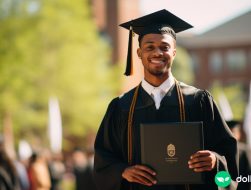 A young African American man holding his masters degree at an outdoor graduation ceremony.