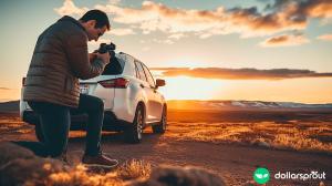 A middle class dad taking a picture of his car that he wants to sell.