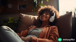 A woman jamming out on her couch with her headphones on