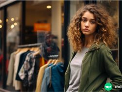 A woman standing outside looking into a clothing boutique with a sad look on her face.