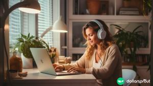 An attentive young woman working at home as a transcription assistant.