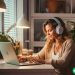 An attentive young woman working at home as a transcription assistant.