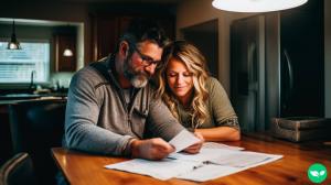 An optimistic husband and a wife sitting down and putting together a financial plan.