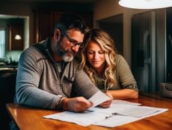 An optimistic husband and a wife sitting down and putting together a financial plan.