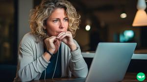 A mother holding a pen to her lips with a pensive look on her face as she looks at her laptop, suspicious of a scam.