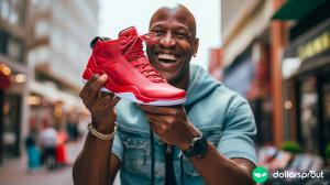 man holding discounted basketball shoes