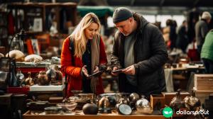 couple looking for items at a flea market to flip for a profit