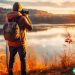A man with a backpack and a camera taking a picture of a beautiful lake during the fall season.