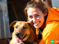 A woman wearing an orange jacket kneeling down next to a dog. Both are smiling at the camera.