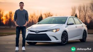 A man in his early thirties standing next to his white Toyota Camry.