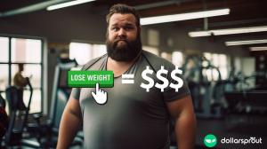 An overweight man at the gym with a graphic overlay that reads 