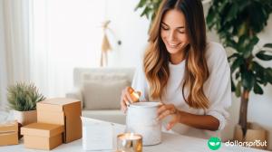 A woman opening up a package with a candle in it to do some paid product testing.