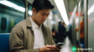 A man on his way to work on the train, watching some video ads on his phone.