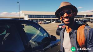 A man wearing a hat and sunglasses smiling at the camera. He is standing next to his car that he Ubers with. He is at an airport.