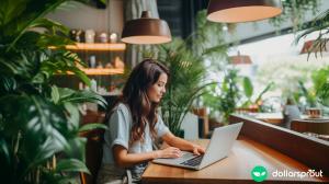 A Google software engineer working on her laptop in a lounge with a lot of plants.