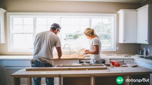 A husband and a wife working together on a kitchen renovation project.