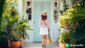 A house sitter walking up to the front door of a cute little white and blue house.