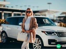 A well-dressed woman in designer clothing standing in front of her white Range Rover.
