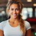 A personal trainer at a gym. She is smiling at the camera.
