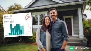 A husband and wife standing in front of their rental property that they use for Airbnb. There is an earnings screenshot showing their an overview of their revenue history.