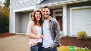 A couple in their early thirties standing in front of their new house that they just bought.