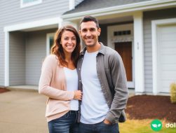 A couple in their early thirties standing in front of their new house that they just bought.