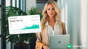 A blonde woman with a Macbook, looking at the camera with a soft smile. There is a Shopify earnings graphic overlaid showing over $500k in revenue.