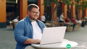 A slightly overweight man sitting at a small table outside with a laptop. He is smiling.