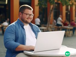 A slightly overweight man sitting at a small table outside with a laptop. He is smiling.