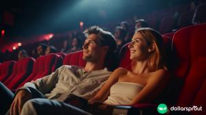 A young couple sitting in a movie theater and looking at the screen.