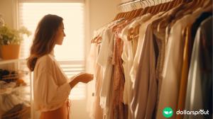 A woman looking at a rack of clothing in her overstuffed closet.