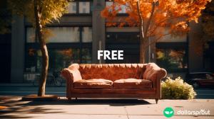 An orange brown couch sitting on a sidewalk with the word FREE floating above it.