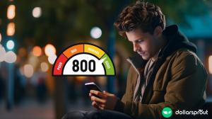 A man wearing a coat and looking down at his phone. There is a credit score graphic overlaid on top of the image, showing that 800 is a very high credit score.