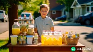 A 7 year old boy standing at his own lemonade stand on his neighborhood street.