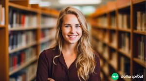 A college female in a library smiling at the camera.