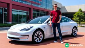 A man in his late twenties standing next to his white Tesla.