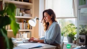 A woman designing Pinterest pins on her laptop at home.